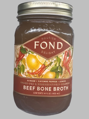 Beef Bone Broth .Ginger, Cayenne Pepper , Lemon. 14 oz.