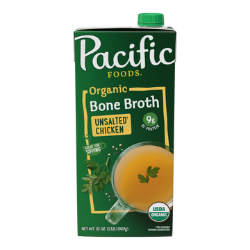 Organic Chicken, Bone Broth, Unsalted, Pacific Foods. 32 oz.