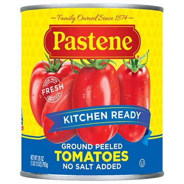 Pastene. Kitchen Ready. Ground Peeled tomatoes. No salt add . 28 oz.