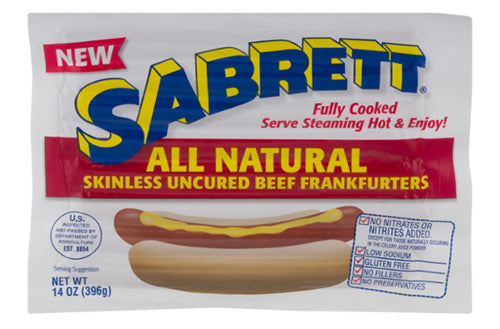 Sabrett All Natural Skinless Uncured Beef Frankfurters. 14 oz.