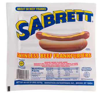 Sabrett Skinless Beef Frankfurters. 5 lbs. About 50 franks.