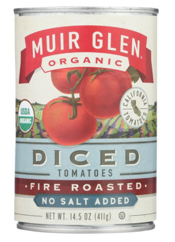 Muir Glen Diced Fire Roasted Tomato No Salt Tomato- 14.5 oz.